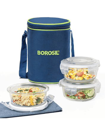 Borosil Blue Glass Lunchbox Set of 3- Blue - (400ml x 3 )